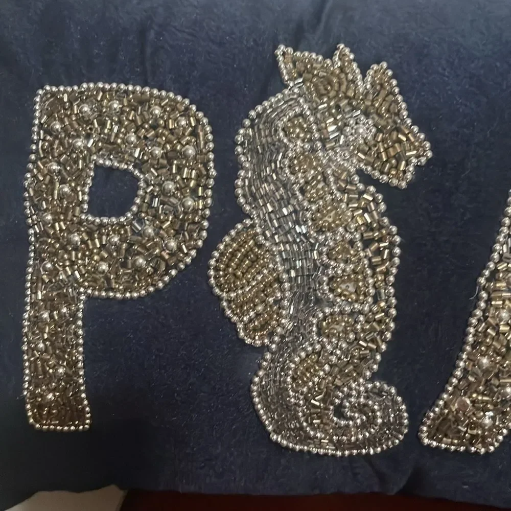 Bella Lux Peace Seahorse Beaded Embellished Navy Silver Velvet Pillow Holiday